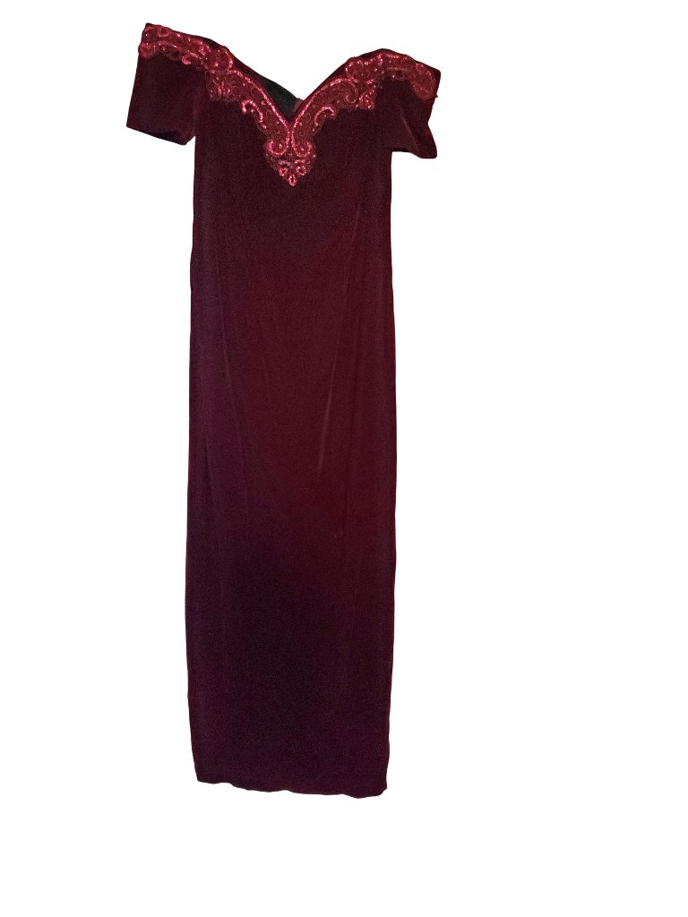 Vtg Velvet Burgundy Red Off Shoulder Gown Glitter Lace Neckline 90's Size 5